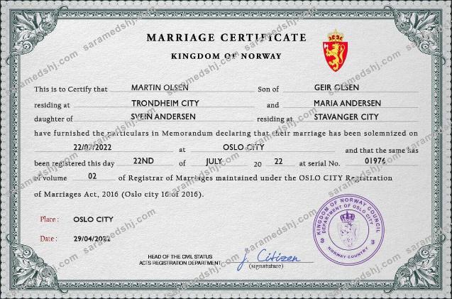 Norway marriage certificate PSD template